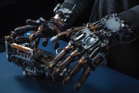 custom robotic hand, with multiple fingers and tool attachments, performing intricate task, created with generative aiの素材