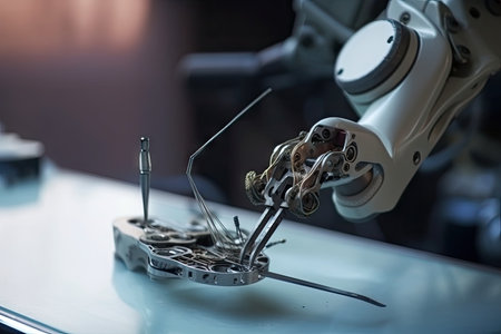 custom robotic hand, equipped with delicate forceps and tweezers, performing intricate surgical procedure, created with generative aiの素材