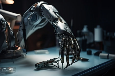custom robotic hand, equipped with delicate forceps and tweezers, performing intricate surgical procedure, created with generative aiの素材