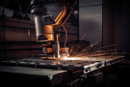 robot, welding two metal plates together with laser beam, created with generative aiの素材