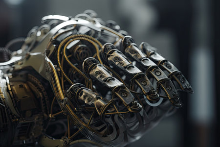 close-up of robotic hand, with intricate and delicate wires and gears visible, created with generative aiの素材