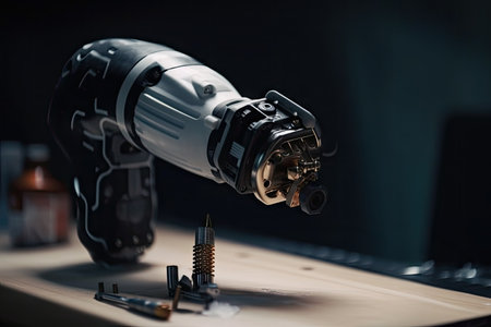 custom robotic hand with drill and screwdriver, ready for precision work, created with generative aiの素材
