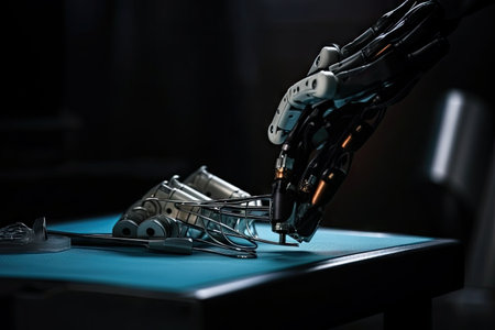 custom robotic hand with surgical tool, ready to perform delicate procedure, created with generative aiの素材