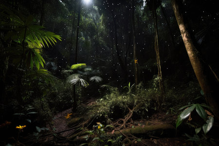 dark rainforest at night, with only the twinkling of stars above and fireflies below, created with generative aiの素材