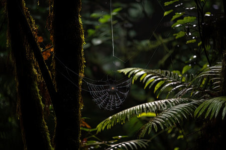spider weaving its web in dark rainforest, created with generative aiの素材