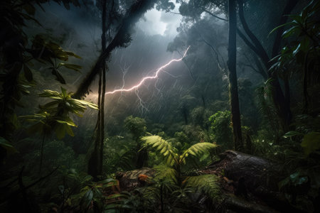 dark rainforest with flash of lightning, capturing the moment of a powerful storm, created with generative aiの素材