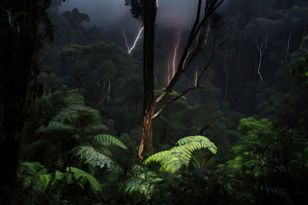 dark rainforest with flash of lightning, capturing the moment of a powerful storm, created with generative aiの素材