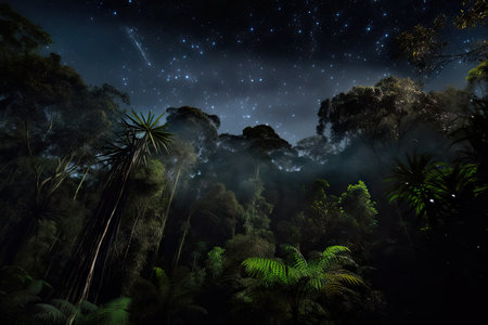 night sky, with stars and moon shining down on dark rainforest, created with generative aiの素材