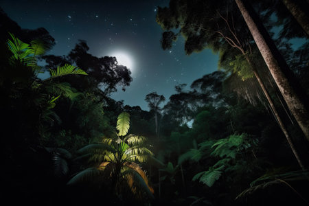 night sky, with stars and moon shining down on dark rainforest, created with generative aiの素材