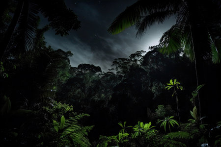 night sky, with stars and moon shining down on dark rainforest, created with generative aiの素材