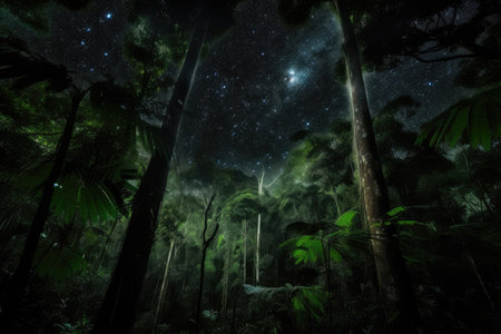 dark rainforest at night, with only the stars and moon shining through the canopy, created with generative aiの素材