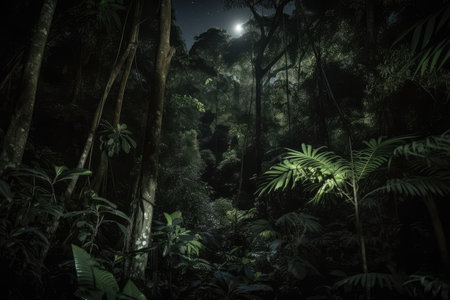 dark rainforest at night, with only the stars and moon shining through the canopy, created with generative aiの素材