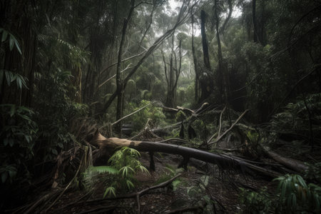 dark rainforest after storm, with trees bent and broken by winds, created with generative aiの素材