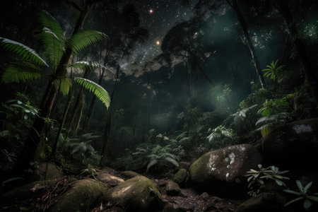 dark rainforest, with view of the night sky and stars visible through the canopy, created with generative aiの素材