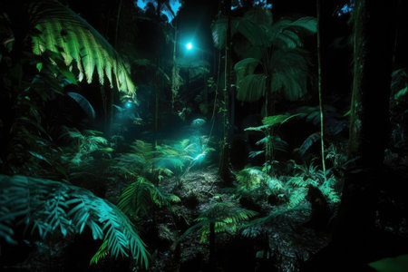 tropical rainforest at night, with the glow of bioluminescent plants and animals, created with generative aiの素材