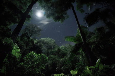 rainforest at night, with stars and moon shining through the canopy, created with generative aiの素材