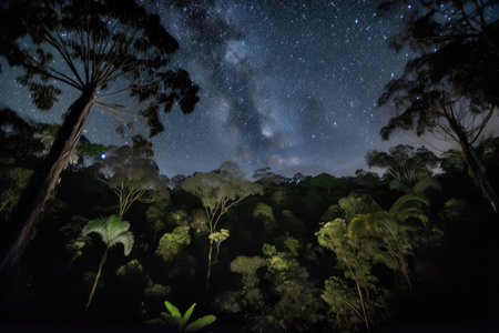 rainforest night sky, with stars and moonlight shining through the treetops, created with generative aiの素材
