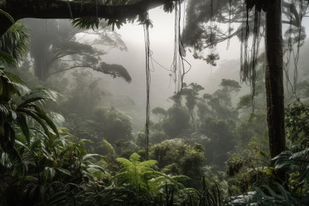 rainforest mist hanging over the landscape, with droplets of water suspended in the air, created with generative aiの素材