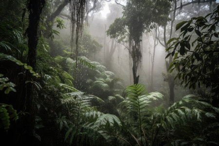 rainforest mist hanging over the landscape, with droplets of water suspended in the air, created with generative aiの素材