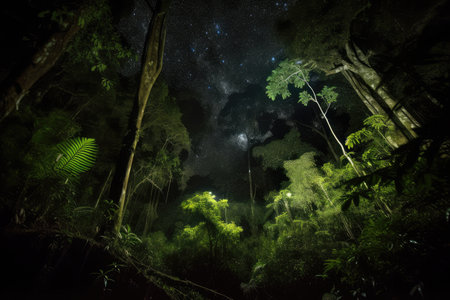 dark rainforest at night, with stars shining overhead, created with generative aiの素材