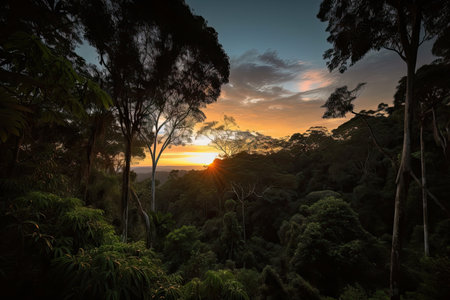 rainforest at dusk, with the sun setting over the horizon, created with generative aiの素材