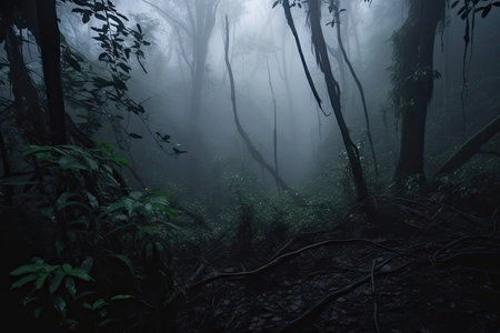 dark rainforest scene with misty fog, creating mysterious atmosphere, created with generative aiの素材