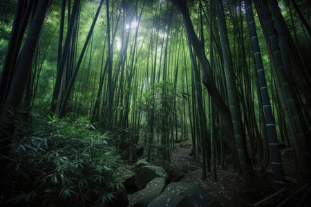 bamboo grove in the dark rainforest, with towering trees and rich greenery, created with generative aiの素材