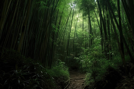 bamboo grove in the dark rainforest, with towering trees and rich greenery, created with generative aiの素材