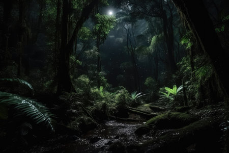 dark rainforest at night, with the magical glow of the moon and stars, created with generative aiの素材