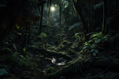 the dark rainforest at night, with only the glow of the moon shining through, created with generative aiの素材