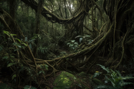 twisting vines and dense foliage of dark rainforest, created with generative aiの素材