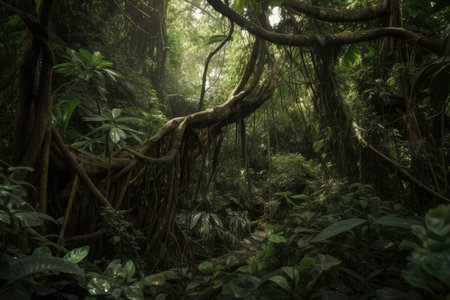 twisting vines and dense foliage of dark rainforest, created with generative aiの素材