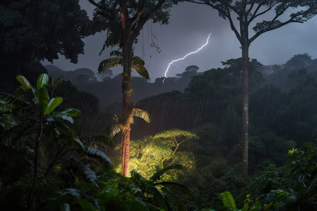 rainforest during thunderstorm, with flashes of lightning and pounding rain, created with generative aiの素材
