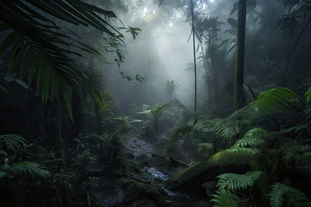 dark rainforest, with misty fog and steam rising from the ground, created with generative aiの素材