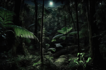dark rainforest at night, with the moon shining through the trees, created with generative aiの素材