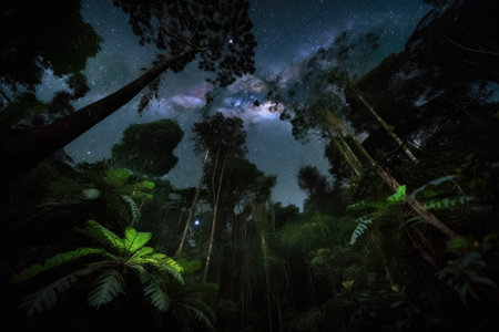dark rainforest at night, with the sky full of stars, created with generative aiの素材