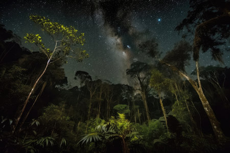 dark rainforest at night, with the sky full of stars, created with generative aiの素材