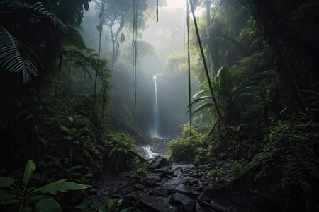 dark rainforest jungle with hidden waterfall, surrounded by mist, created with generative aiの素材