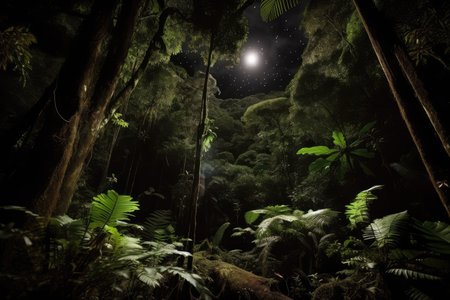 dark rainforest at night, with stars and moon shining brightly, created with generative aiの素材