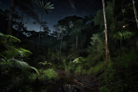dark rainforest at night, with stars and moon shining brightly, created with generative aiの素材