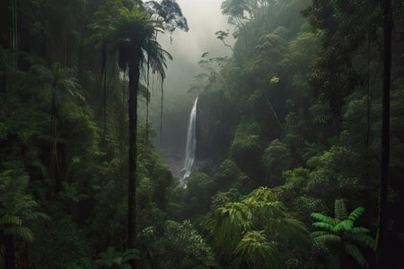 dark rainforest with misty waterfall visible in the background, created with generative aiの素材