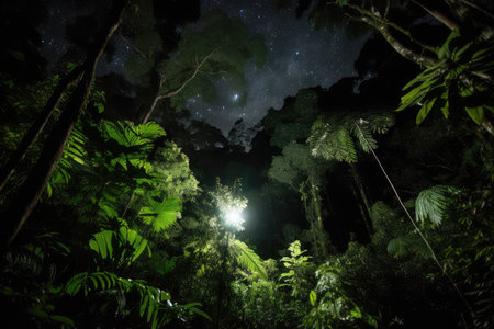 night rainforest, with the moon and stars shining through the dense canopy, created with generative aiの素材