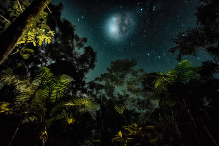 night rainforest, with the moon and stars shining through the dense canopy, created with generative aiの素材
