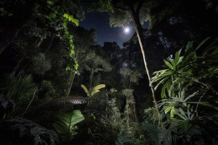 night rainforest, with the moon and stars shining through the dense canopy, created with generative aiの素材