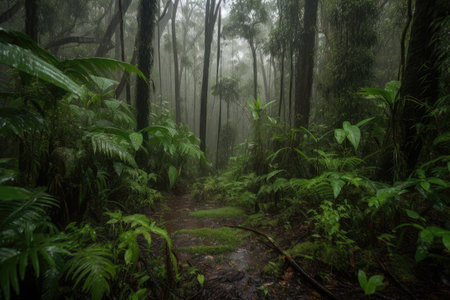 the calm and silent rainforest, with occasional drops of rain on the leaves, created with generative aiの素材