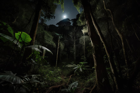 dark rainforest at night, with the moon shining through the towering canopy, created with generative aiの素材