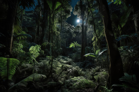 dark rainforest at night, with the moon shining through the towering canopy, created with generative aiの素材