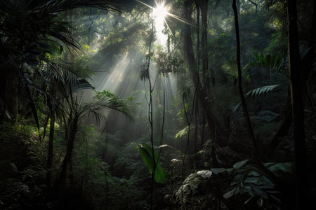 dark rainforest at dawn with the sun filtering through the canopy, created with generative aiの素材