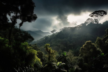 dark rainforest with view of sunny sky and clouds, created with generative aiの素材