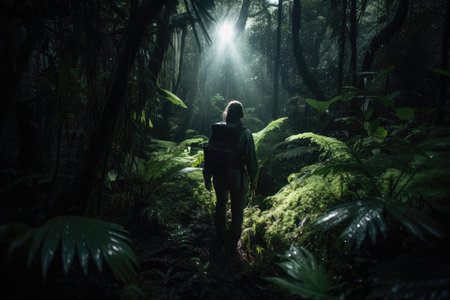 person, walking through dark rainforest, with flashlight in hand, created with generative aiの素材
